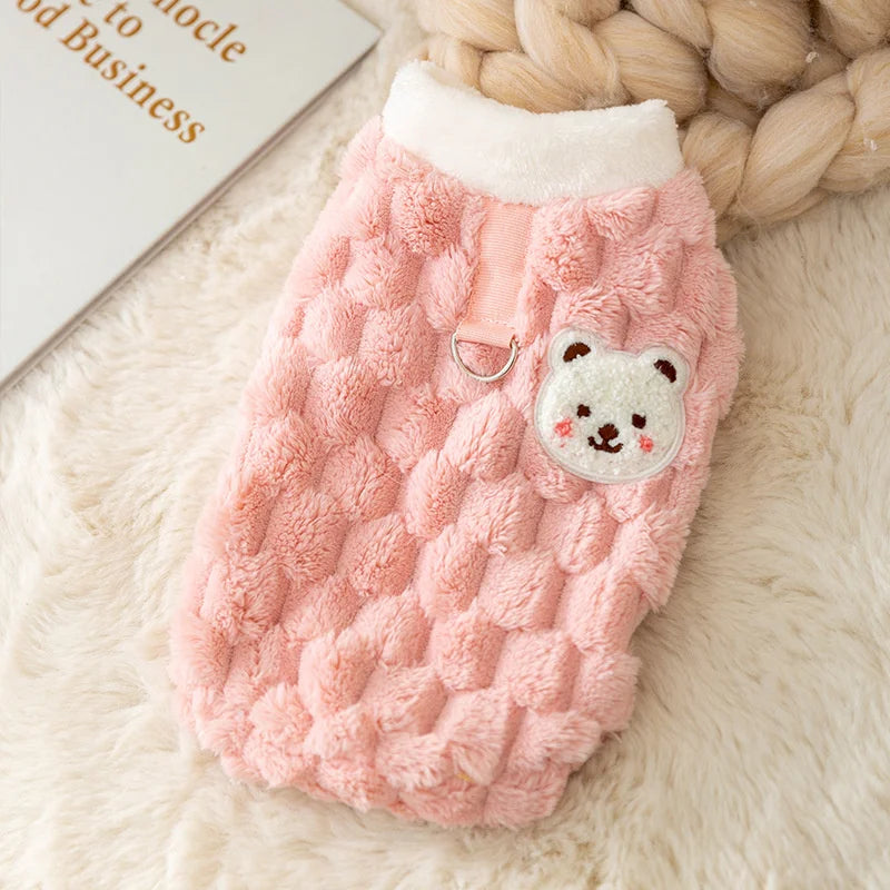 Winter Pet Sweater with Bear Print – Warm Plush Dog Cat Jacket with Buckle & Buttons for Small Dogs, Pomeranian, Chihuahua, Puppy Clothes