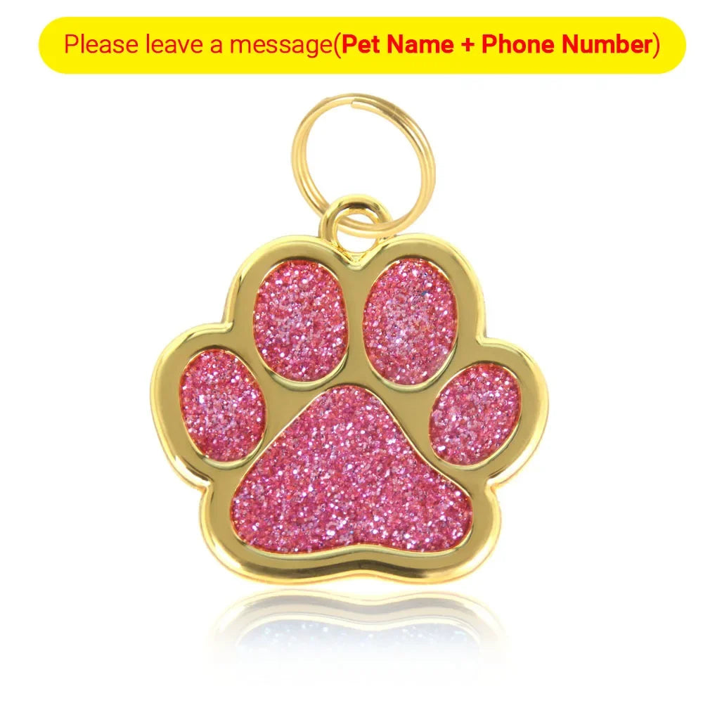 Personalized Pet Collar ID Tag – Custom Engraved Cat & Dog Name Necklace | Gold Paw Glitter Pendant, Puppy Accessories 3CM
