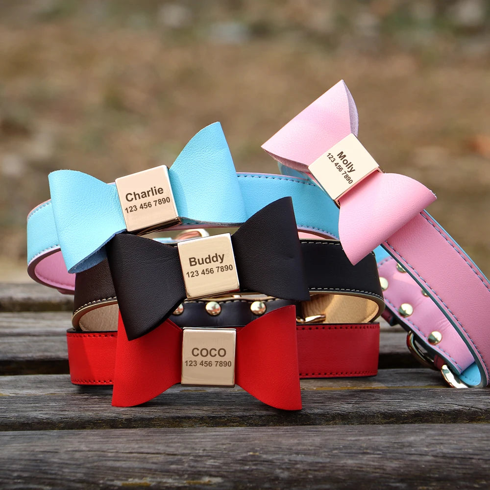 Personalized Dog & Cat Collar – Adjustable Leather Crystal Bowtie Necklace with Rhinestones, Anti-Lost Pet Accessories