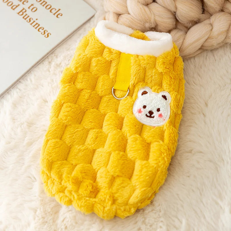 Winter Pet Sweater with Bear Print – Warm Plush Dog Cat Jacket with Buckle & Buttons for Small Dogs, Pomeranian, Chihuahua, Puppy Clothes