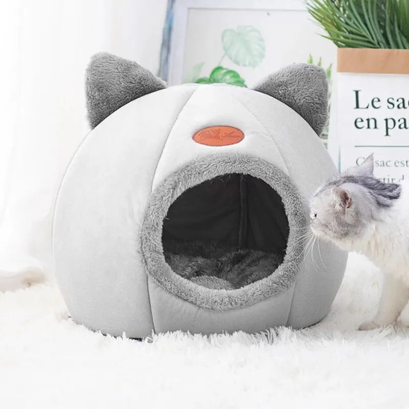 Cat Head Shaped Cozy Cat Bed – Warm Semi-Closed Sleep Cave, Non-Slip Pet House for All Seasons
