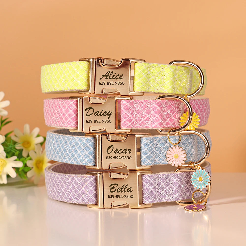 Custom Bling Nylon Dog Collar – Free Engraved ID Nameplate with Cute Flower Tag for Small & Medium Dogs and Cats