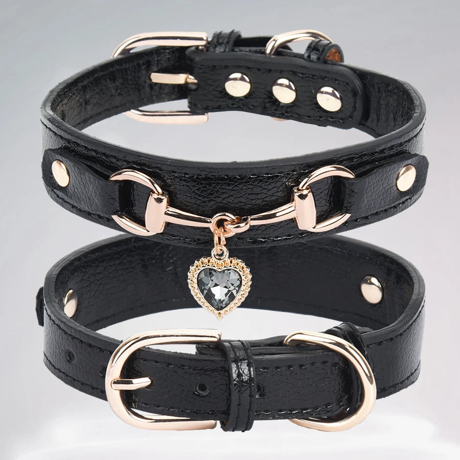 Adjustable PU Pet Collar for Cats & Dogs – Durable Sparkling Heart Design