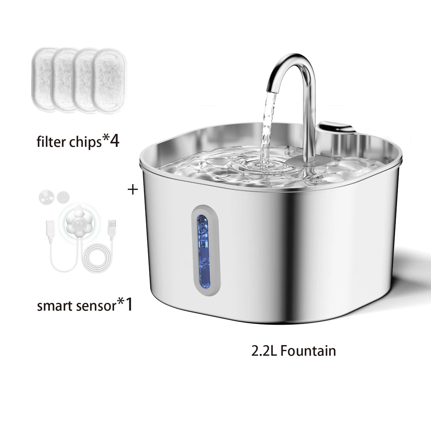2.2L Automatic Stainless Steel Cat & Dog Water Fountain with Transparent Window (No 5V 1A Plug)