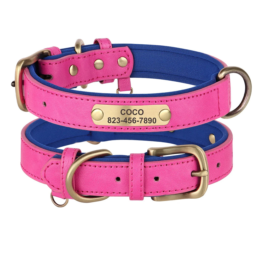 Personalized PU Leather Dog Collar – Adjustable, Soft Padded ID Name Tag for Small, Medium & Large Dogs – Free Engraving, Multiple Colors