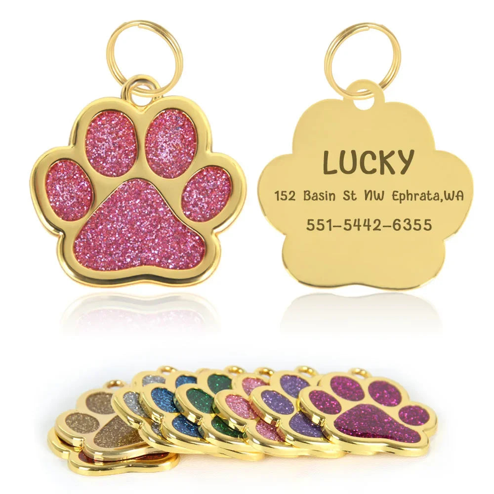 Personalized Pet Collar ID Tag – Custom Engraved Cat & Dog Name Necklace | Gold Paw Glitter Pendant, Puppy Accessories 3CM