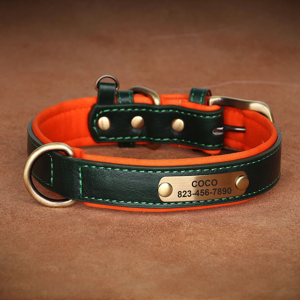 Personalized PU Leather Dog Collar – Adjustable, Soft Padded ID Name Tag for Small, Medium & Large Dogs – Free Engraving, Multiple Colors