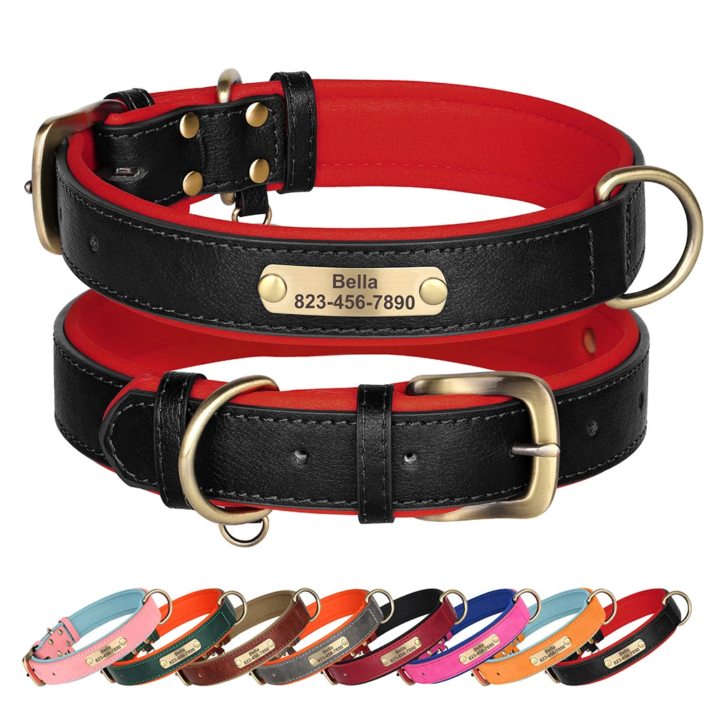 Personalized PU Leather Dog Collar – Adjustable, Soft Padded ID Name Tag for Small, Medium & Large Dogs – Free Engraving, Multiple Colors