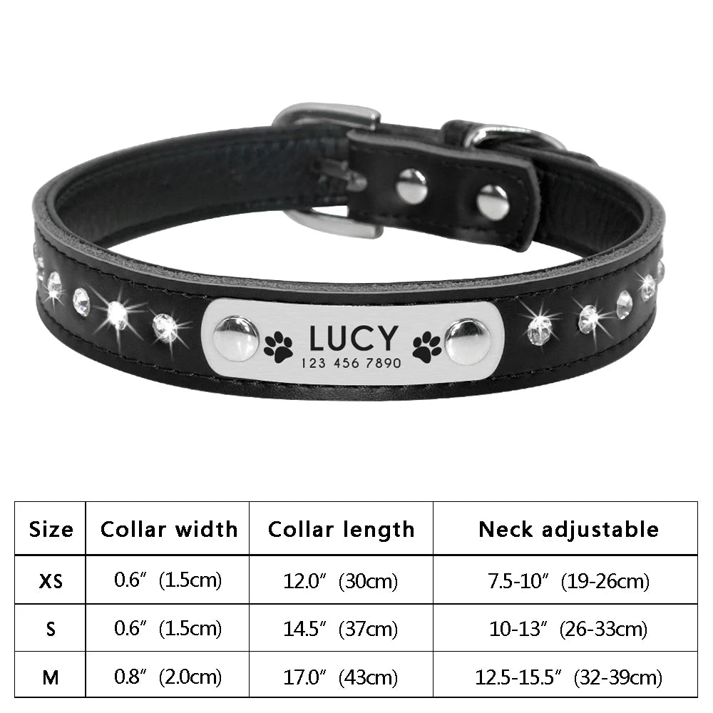 Personalized Dog & Cat Collar – Adjustable Leather Crystal Bowtie Necklace with Rhinestones, Anti-Lost Pet Accessories