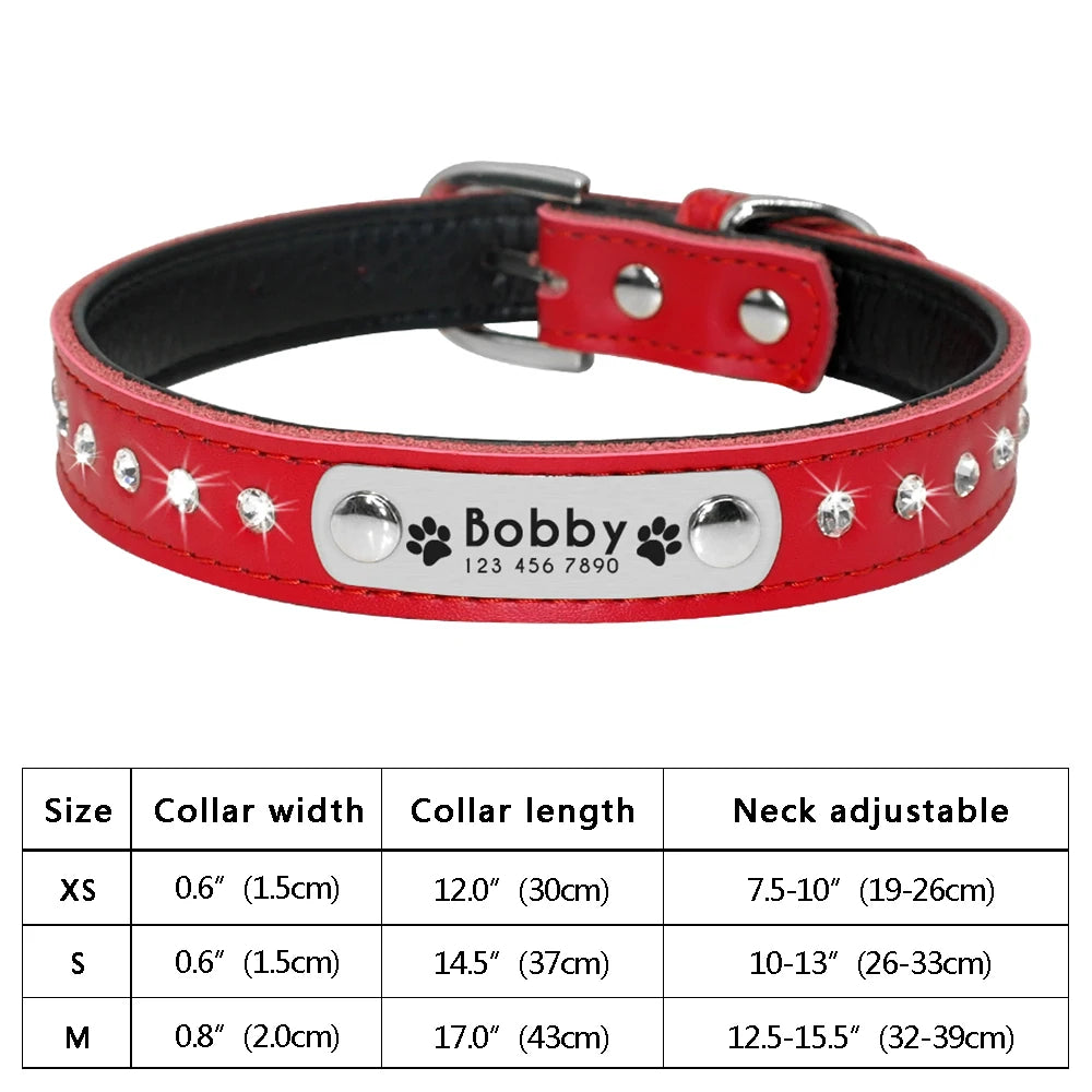Personalized Dog & Cat Collar – Adjustable Leather Crystal Bowtie Necklace with Rhinestones, Anti-Lost Pet Accessories