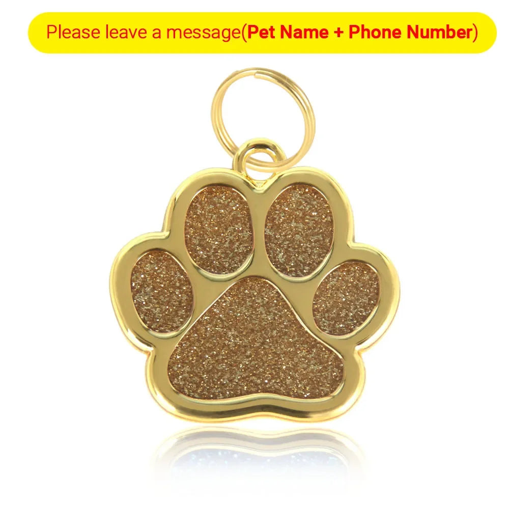 Personalized Pet Collar ID Tag – Custom Engraved Cat & Dog Name Necklace | Gold Paw Glitter Pendant, Puppy Accessories 3CM