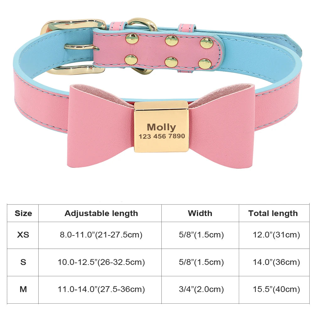 Personalized Dog & Cat Collar – Adjustable Leather Crystal Bowtie Necklace with Rhinestones, Anti-Lost Pet Accessories