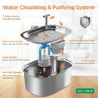 3.2L/108oz Stainless Steel Automatic Cat Water Fountain – Square Silent Pet Water Dispenser with Dual Outlets for Cats & Dogs