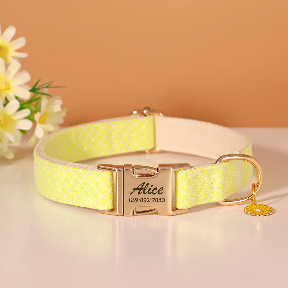 Custom Bling Nylon Dog Collar – Free Engraved ID Nameplate with Cute Flower Tag for Small & Medium Dogs and Cats