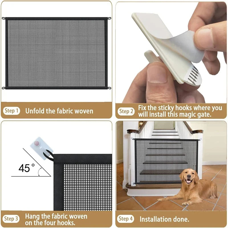 Pet Dog Barrier Fence – Foldable Mesh Safety Gate with 4 Hooks, Breathable Isolated Net for Stairs & Doorways, Portable Playpen Fence for Pets