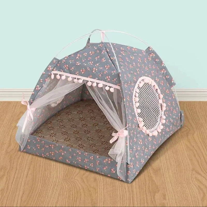 Cat & Dog Tent Bed – Semi-Enclosed Flower Design, All-Season Pet Nest