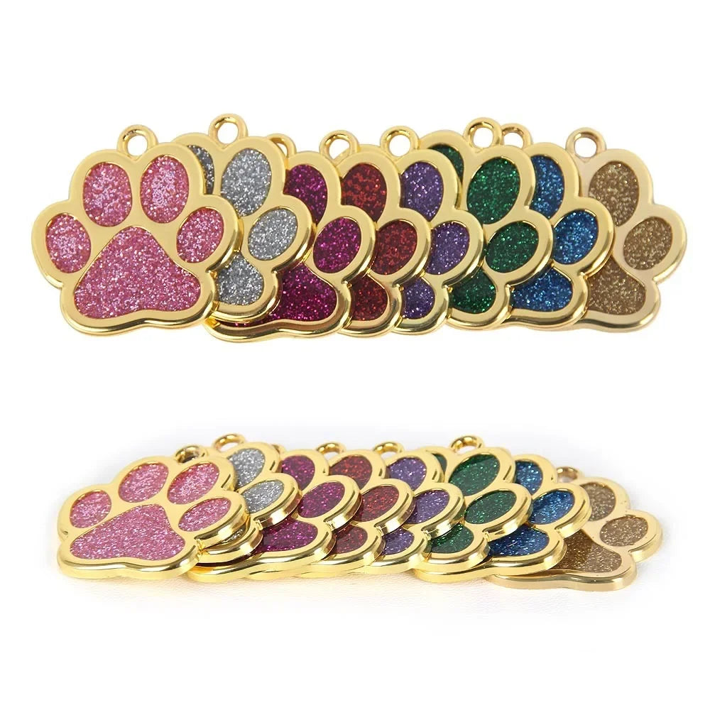 Personalized Pet Collar ID Tag – Custom Engraved Cat & Dog Name Necklace | Gold Paw Glitter Pendant, Puppy Accessories 3CM