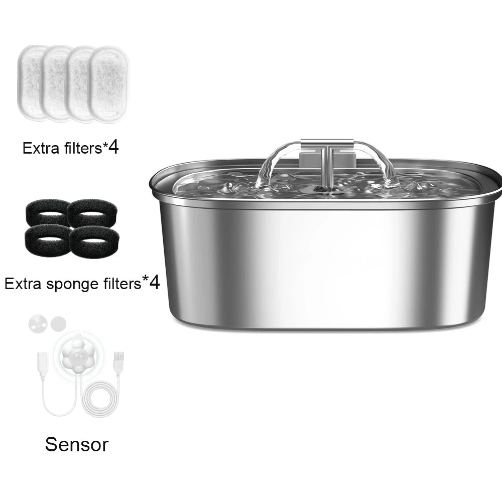 3.2L/108oz Stainless Steel Automatic Cat Water Fountain – Square Silent Pet Water Dispenser with Dual Outlets for Cats & Dogs