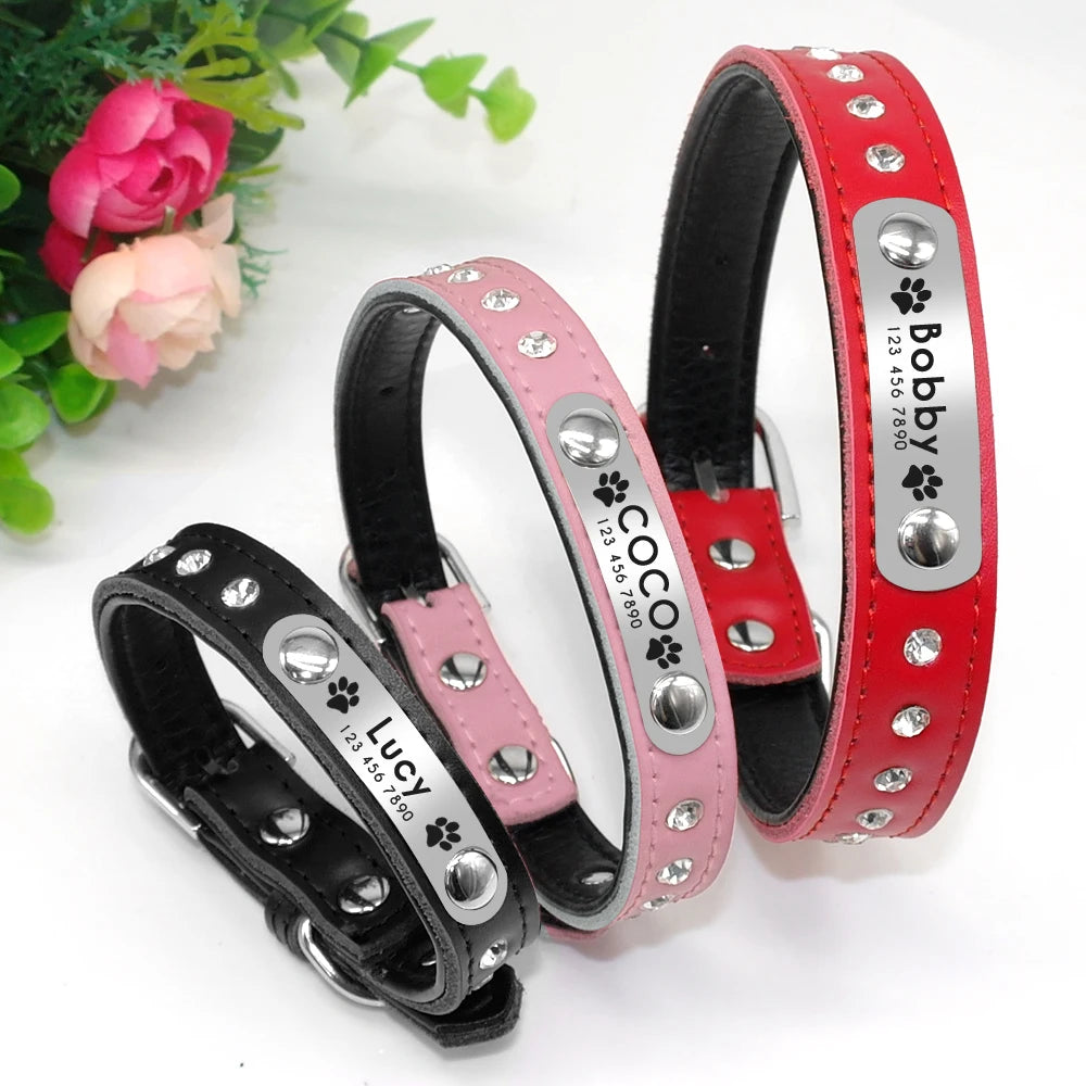 Personalized Dog & Cat Collar – Adjustable Leather Crystal Bowtie Necklace with Rhinestones, Anti-Lost Pet Accessories