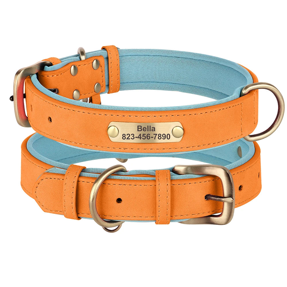 Personalized PU Leather Dog Collar – Adjustable, Soft Padded ID Name Tag for Small, Medium & Large Dogs – Free Engraving, Multiple Colors
