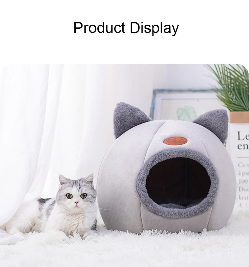 Cat Head Shaped Cozy Cat Bed – Warm Semi-Closed Sleep Cave, Non-Slip Pet House for All Seasons