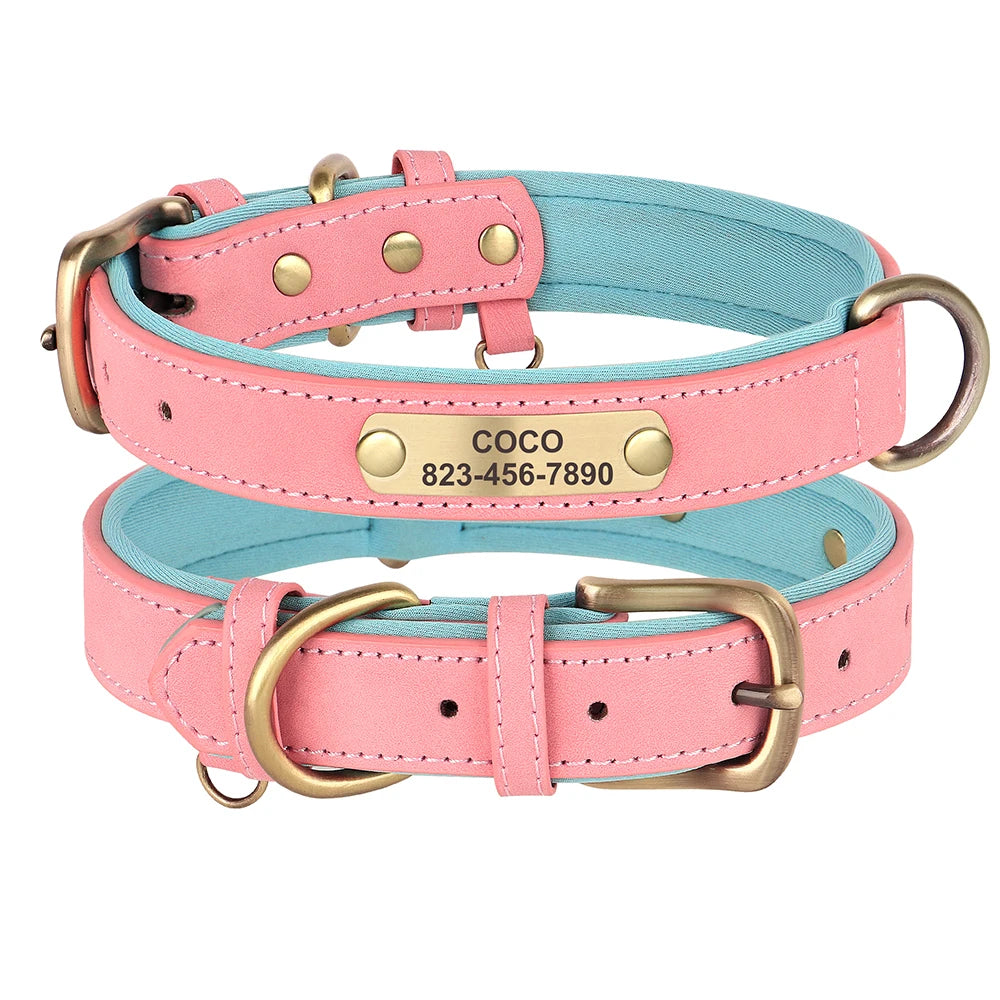 Personalized PU Leather Dog Collar – Adjustable, Soft Padded ID Name Tag for Small, Medium & Large Dogs – Free Engraving, Multiple Colors
