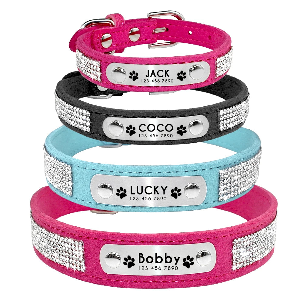 Personalized Dog & Cat Collar – Adjustable Leather Crystal Bowtie Necklace with Rhinestones, Anti-Lost Pet Accessories
