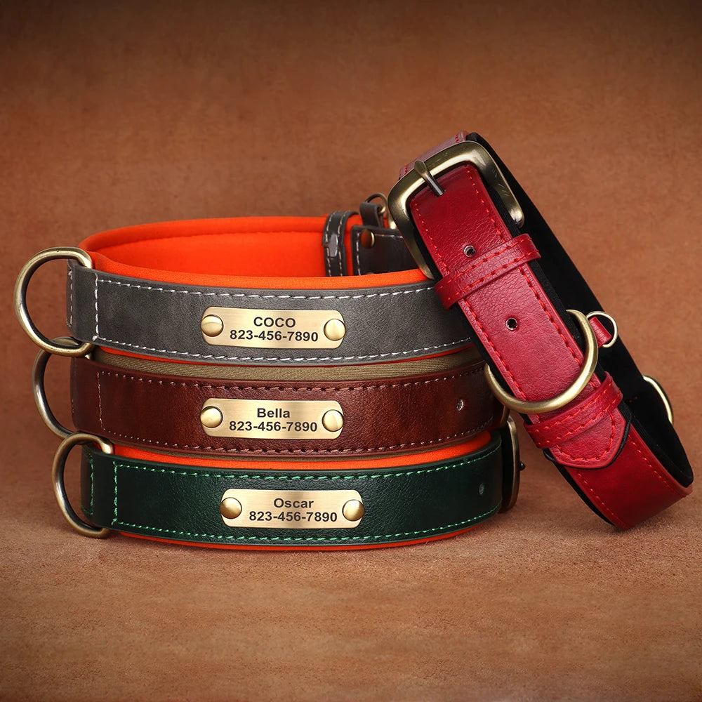 Personalized PU Leather Dog Collar – Adjustable, Soft Padded ID Name Tag for Small, Medium & Large Dogs – Free Engraving, Multiple Colors