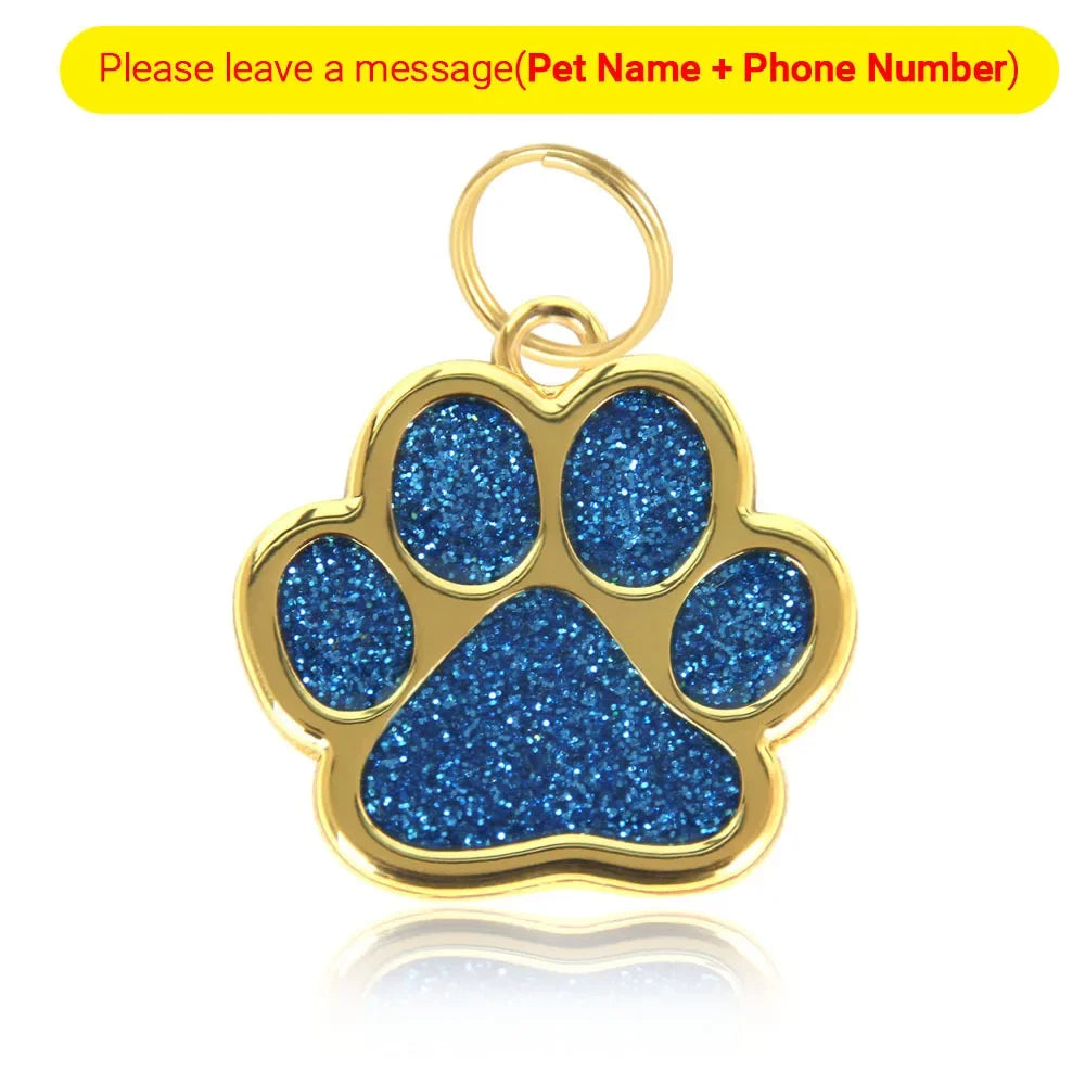 Personalized Pet Collar ID Tag – Custom Engraved Cat & Dog Name Necklace | Gold Paw Glitter Pendant, Puppy Accessories 3CM