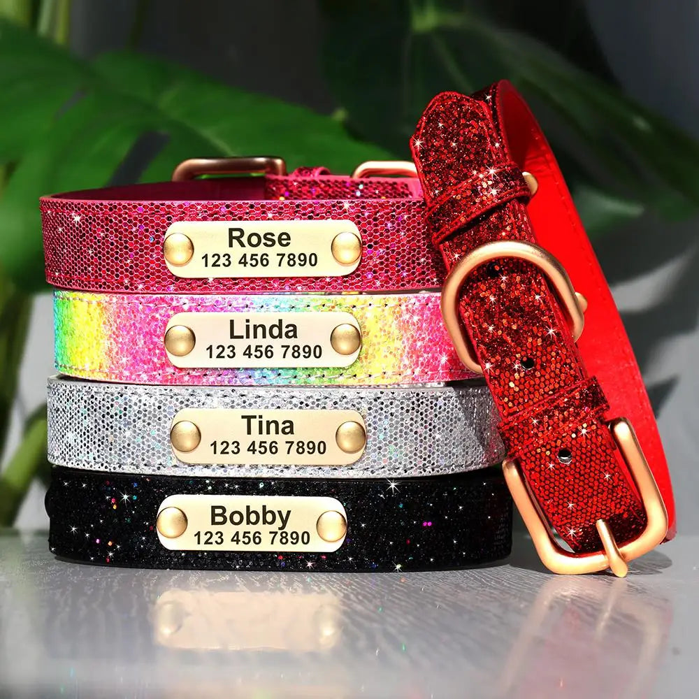 Personalized Dog & Cat Collar – Adjustable Leather Crystal Bowtie Necklace with Rhinestones, Anti-Lost Pet Accessories