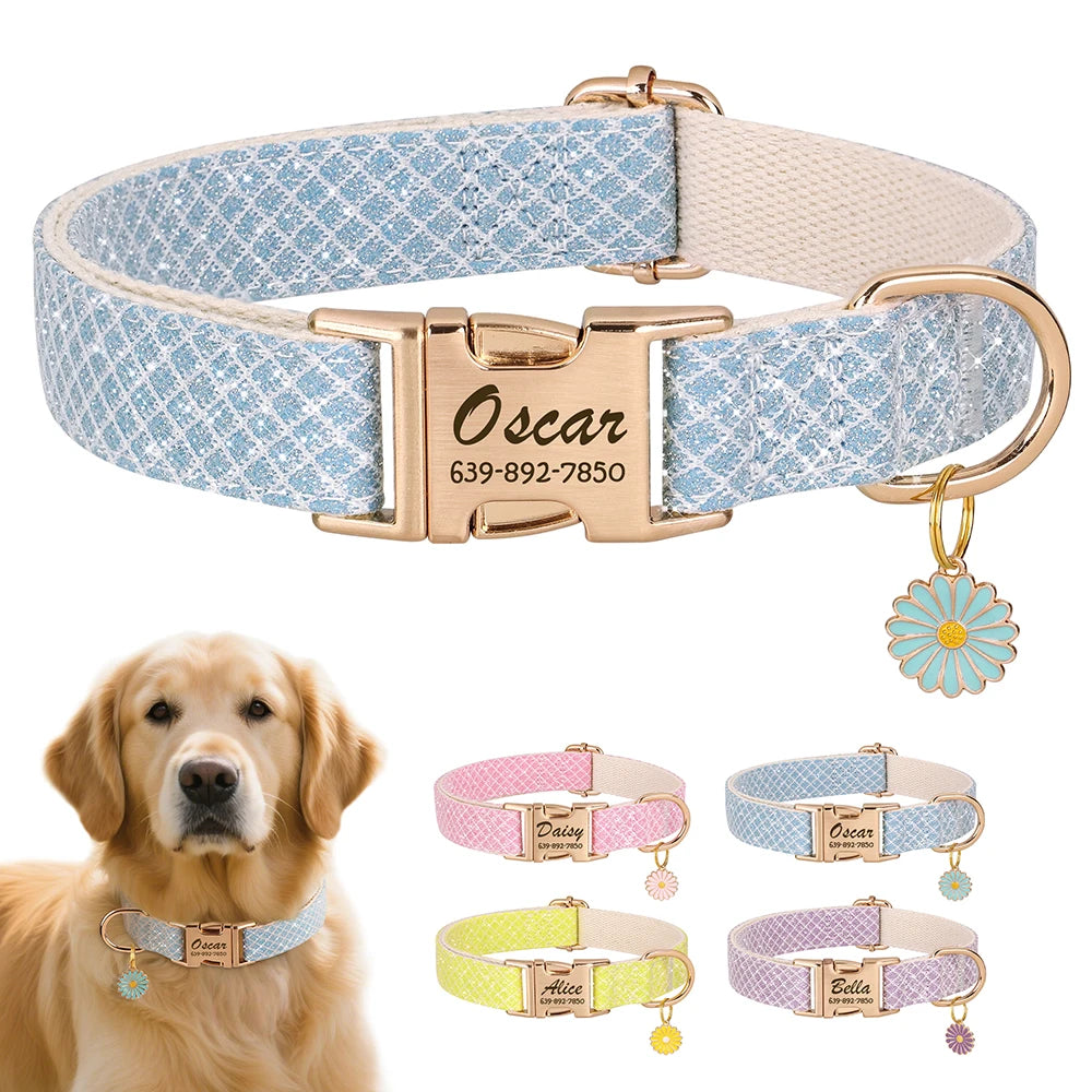 Custom Bling Nylon Dog Collar – Free Engraved ID Nameplate with Cute Flower Tag for Small & Medium Dogs and Cats