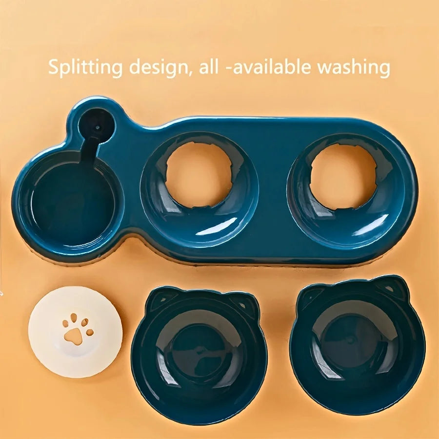3-in-1 Tilted Cat Bowls with Water Feeder – Elevated Pet Food & Water Set for Neck Protection