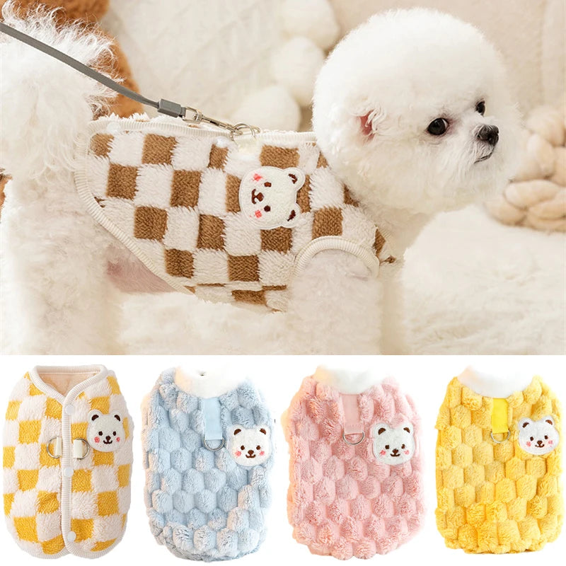 Winter Pet Sweater with Bear Print – Warm Plush Dog Cat Jacket with Buckle & Buttons for Small Dogs, Pomeranian, Chihuahua, Puppy Clothes