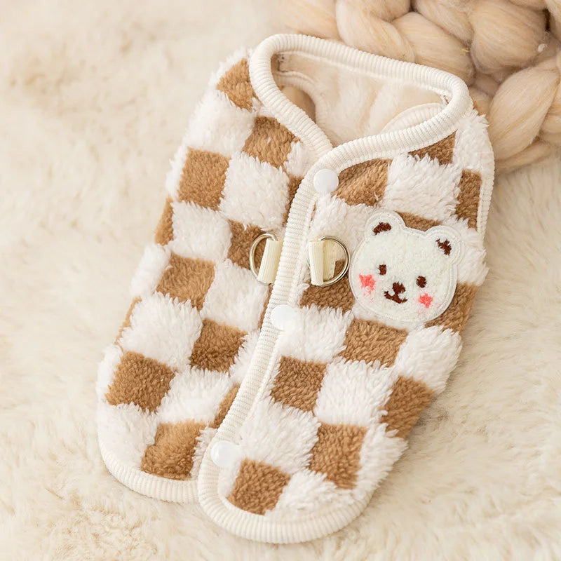 Winter Pet Sweater with Bear Print – Warm Plush Dog Cat Jacket with Buckle & Buttons for Small Dogs, Pomeranian, Chihuahua, Puppy Clothes