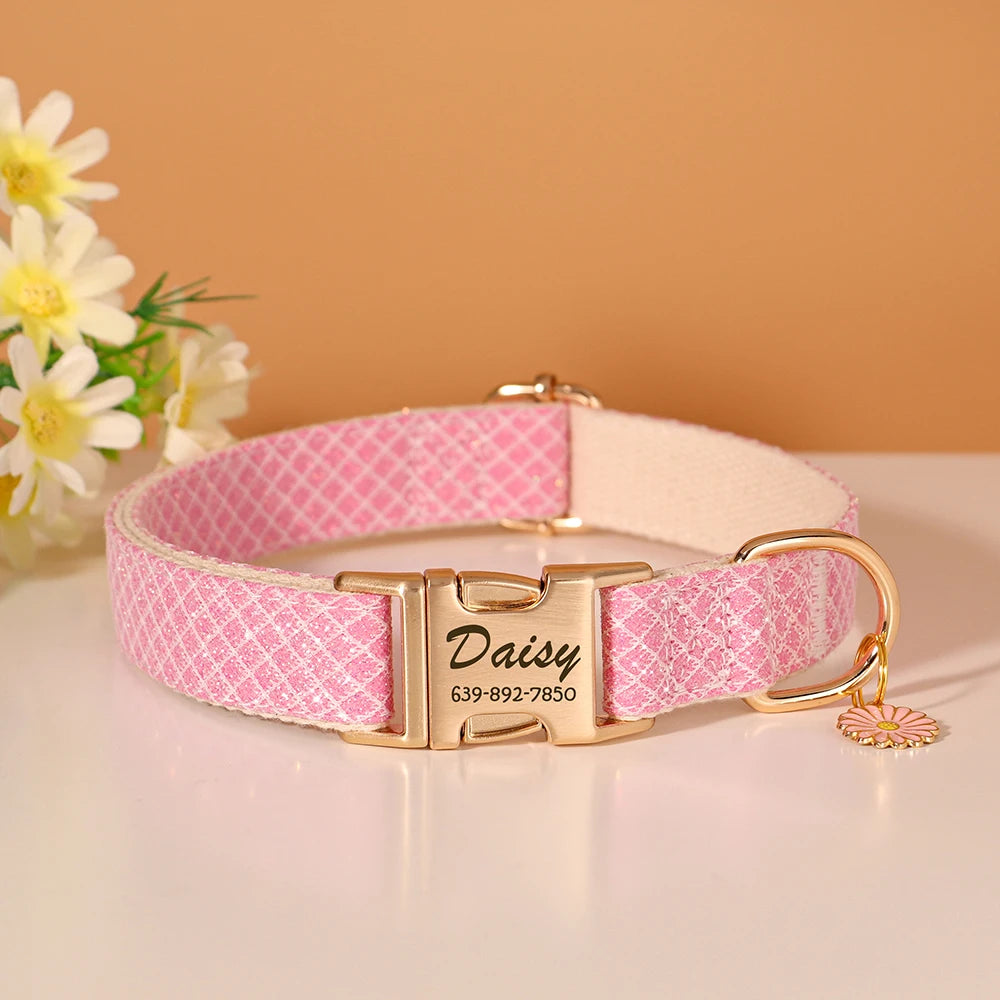 Custom Bling Nylon Dog Collar – Free Engraved ID Nameplate with Cute Flower Tag for Small & Medium Dogs and Cats